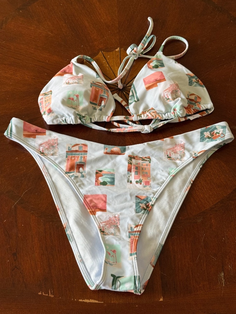 NWOT Abercrombie & Fitch Bikini, Travel Print, L Hi-leg Bottom, L Triangle Top